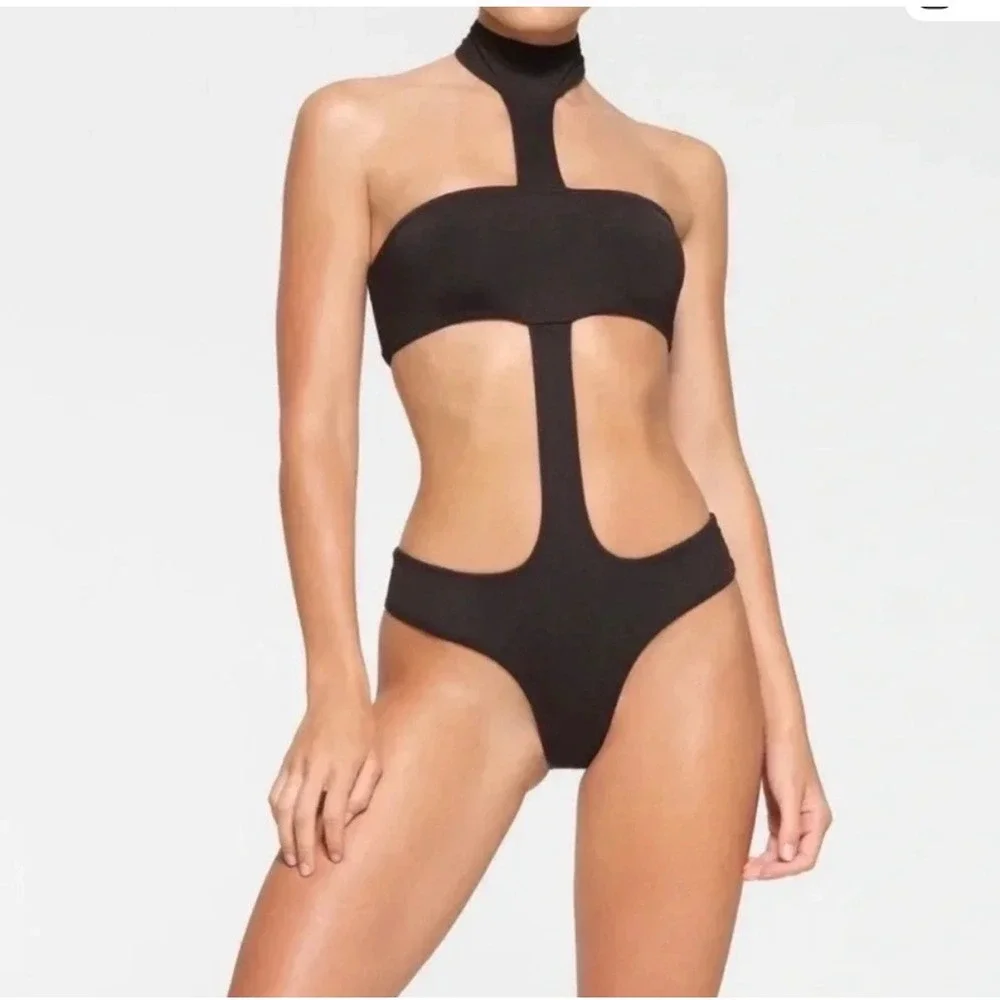SKIMS Onyx Black Cutout Monokini High Neck One Piece Swimsuit XS